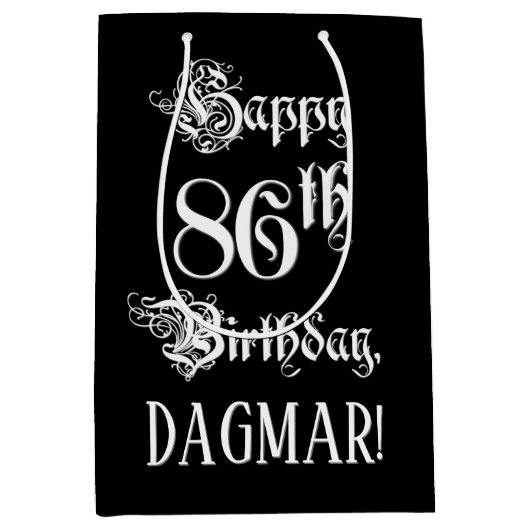 86番目の誕生日: ファンシー、スクリプエレガントト+名前をカスタムする ミディアムペーパーバッグ (正面)