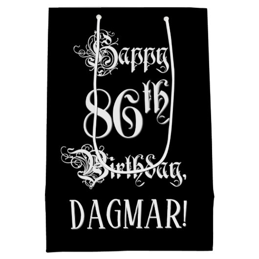 86番目の誕生日: ファンシー、スクリプエレガントト+名前をカスタムする ミディアムペーパーバッグ (裏面)