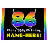 86誕生日カラフル:レインボー# 86,名前をカスタムする ラージペーパーバッグ (正面)