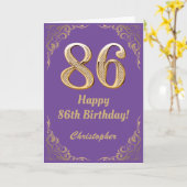 86誕生日パープルと金ゴールドグリッターフレーム カード (黄色い花)