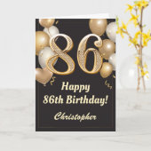 86誕生日ブラックおよび金ゴールドバルーン紙吹雪 カード (黄色い花)