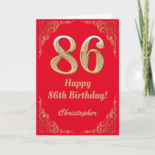 86誕生日赤と金ゴールドグリッター枠 カード (正面)