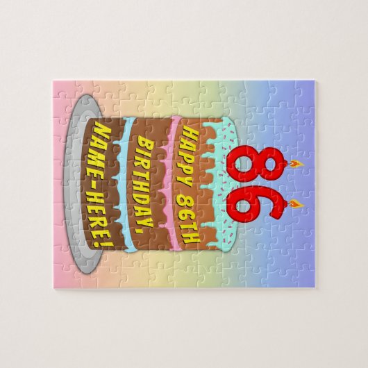 86誕生日:おもしろいケーキとキャンドル+名前をカスタムする ジグソーパズル (横)