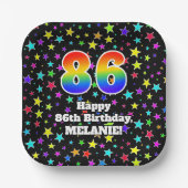 86誕生日:おもしろいスター柄と虹"86" ペーパープレート (正面)