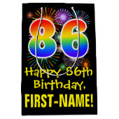 86誕生日:おもしろい花火パターン+虹86 ミディアムペーパーバッグ (正面)