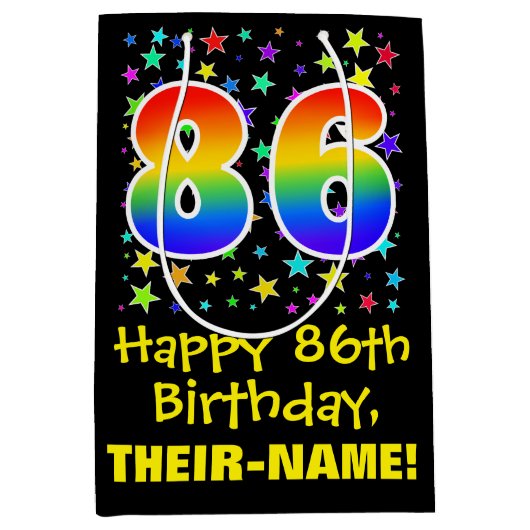 86誕生日:カラフルスターズパターン&レインボー86 ミディアムペーパーバッグ (正面)