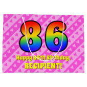 86誕生日：ピンクストライプのハート、レインボー# 86 ラージペーパーバッグ (裏面)