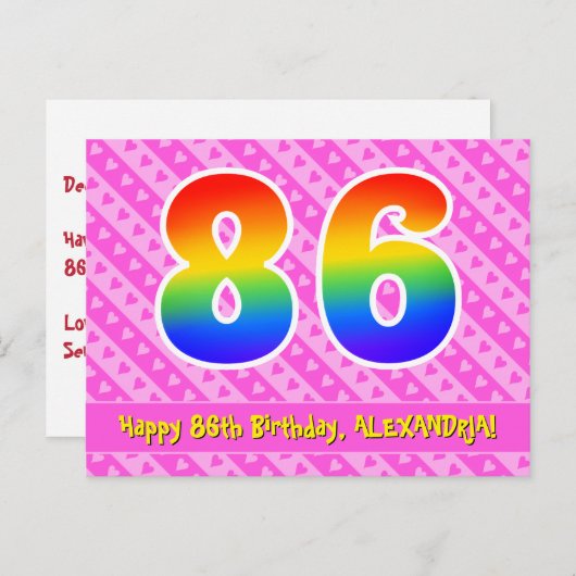 86誕生日:ピンクストライプハート、レインボー86 ポストカード (正面/裏面)