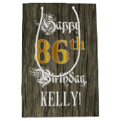 86誕生日:フェイク金ゴールドルック&ウッドフェイクパターン ミディアムペーパーバッグ (正面)