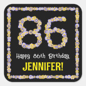 86誕生日:フローラ花数名前をカスタムする スクエアシール (正面)