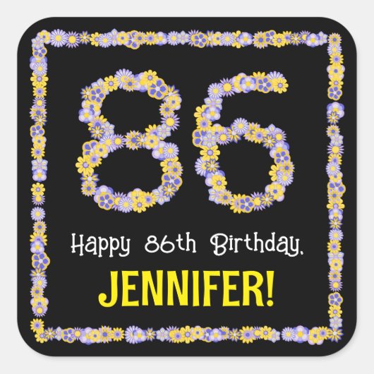 86誕生日:フローラ花数名前をカスタムする スクエアシール (正面)