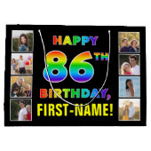 86誕生日：レインボー文字カスタム、写真&名前 ラージペーパーバッグ (裏面)