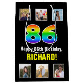 86誕生日: Rainbow "86"，写真カスタムと名前 ミディアムペーパーバッグ (正面)