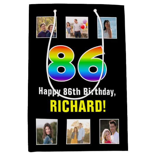 86誕生日: Rainbow "86"，写真カスタムと名前 ミディアムペーパーバッグ (正面)