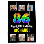 86誕生日: Rainbow "86"，写真カスタムと名前 ミディアムペーパーバッグ (裏面)