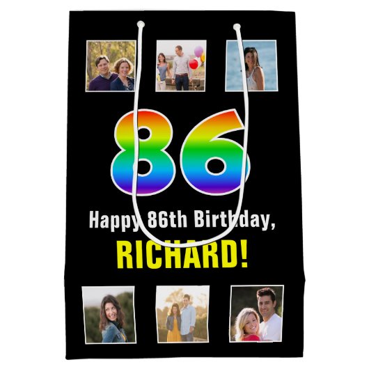 86誕生日: Rainbow "86"，写真カスタムと名前 ミディアムペーパーバッグ (裏面)