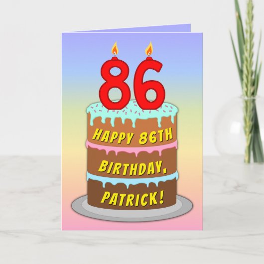 86th Birthday — Fun Cake & Candles, w/ Custom Name カード (正面)