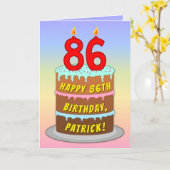 86th Birthday — Fun Cake & Candles, w/ Custom Name カード (黄色い花)