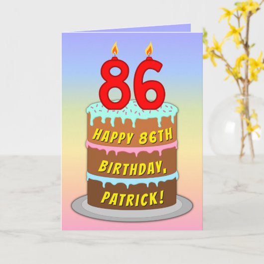 86th Birthday — Fun Cake & Candles, w/ Custom Name カード (黄色い花)