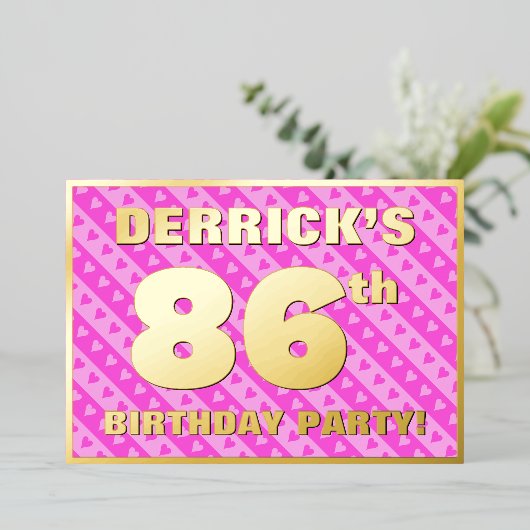 86th Birthday Party —おもしろいピンクハートとストライプ 箔招待状