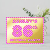86th Birthday Party — はっきりした、おもしろい、ピンクストライプ色86 箔招待状 (立ち正面)
