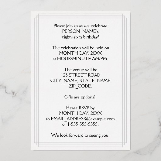 86th Birthday Party – スクリプエレガントト+名前をカスタムする 箔招待状 (裏面)