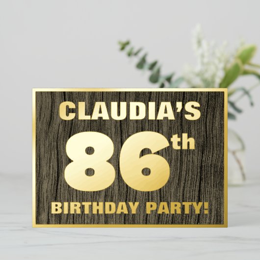 86th Birthday Party: Bold, Faux Wood Grain Pattern 箔招待状 (立ち正面)