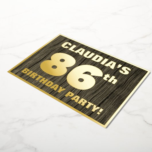 86th Birthday Party: Bold, Faux Wood Grain Pattern 箔招待状 (回転した状態)