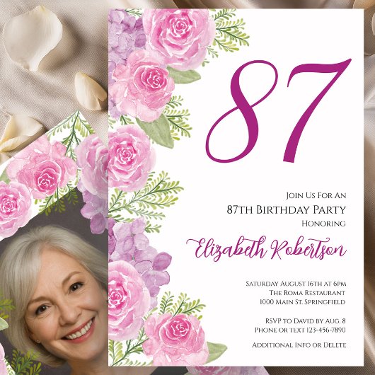 87歳の誕生日をお祝いするカスタムフォトテンプレート バラの花 招待状