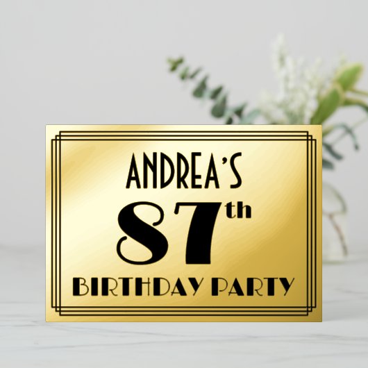 87歳の誕生日パーティー — アートデコ風「87」+ 名前 箔招待状 (立ち正面)