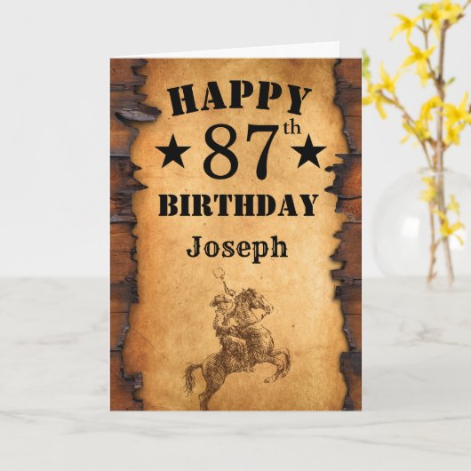 87番目の誕生日素朴カントリーウエスタンカウボーイホース カード (黄色い花)