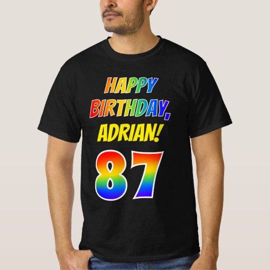 87番目の誕生日— はっきりした、おもしろい、Rainbow 87、名前をカスタムする Tシャツ (正面)
