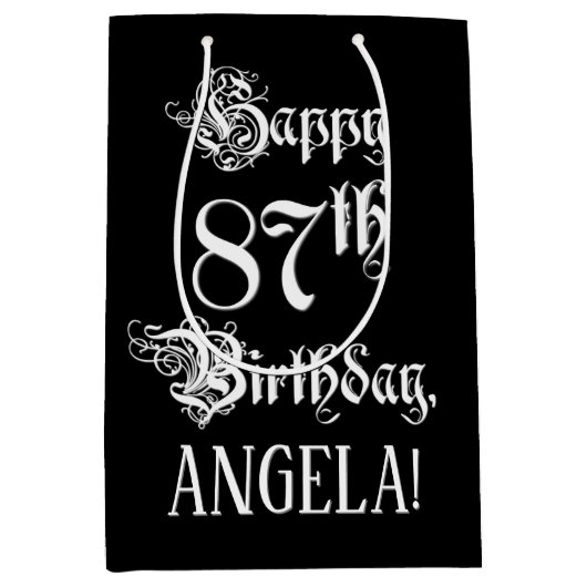 87番目の誕生日: ファンシー、スクリプエレガントト+名前をカスタムする ミディアムペーパーバッグ (正面)