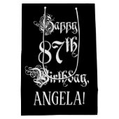 87番目の誕生日: ファンシー、スクリプエレガントト+名前をカスタムする ミディアムペーパーバッグ (裏面)