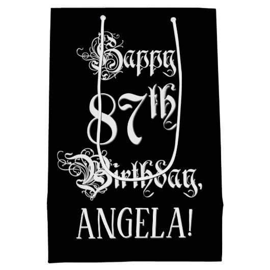87番目の誕生日: ファンシー、スクリプエレガントト+名前をカスタムする ミディアムペーパーバッグ (裏面)
