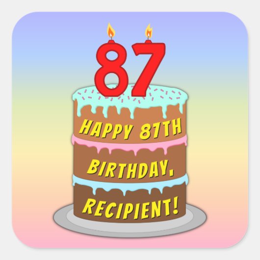87誕生日:おもしろいケーキとキャンドル+名前をカスタムする スクエアシール (正面)