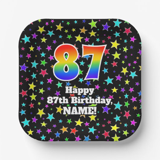 87誕生日:おもしろい星形と虹"87" ペーパープレート (正面)