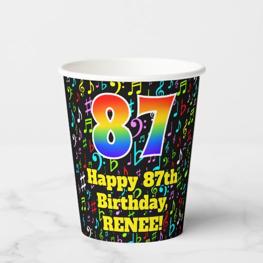 87誕生日:おもしろい音符パターン、レインボー87 紙コップ (裏面)