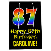 87誕生日:おもしろい、はっきりした、カラフルレインボー「87」 ミディアムペーパーバッグ (裏面)