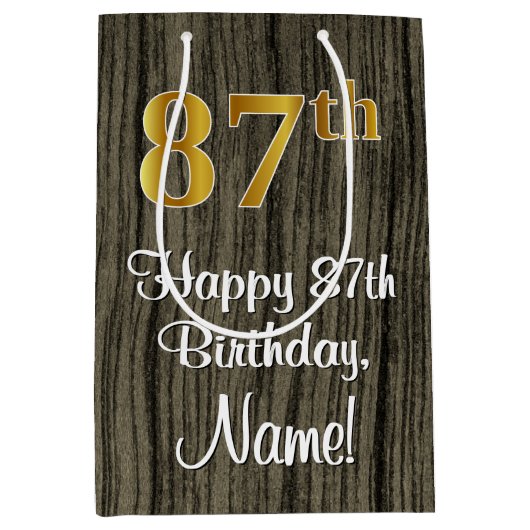 87誕生日:エレガントフェイク金ゴールドルック#,フェイク Wood ミディアムペーパーバッグ (正面)