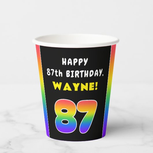 87誕生日:カラフルレインボー# 87,名前をカスタムする 紙コップ (正面)
