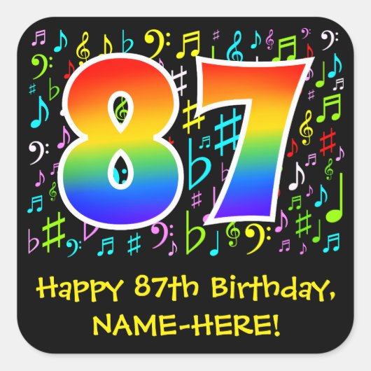 87誕生日:カラフルMusic Symbols, Rainbow 87 スクエアシール (正面)