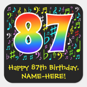 87誕生日:カラフルMusic Symbols, Rainbow 87 スクエアシール