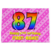 87誕生日:ピンクストライプのハート、レインボー# 87 ラージペーパーバッグ (正面)