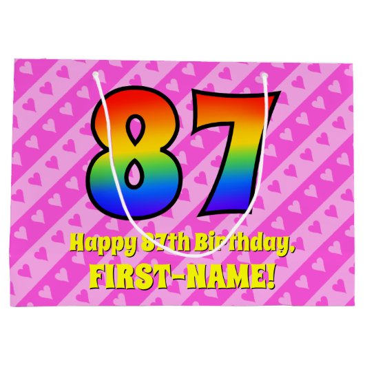 87誕生日:ピンクストライプのハート、レインボー# 87 ラージペーパーバッグ (裏面)