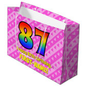 87誕生日:ピンクストライプのハート、レインボー# 87 ラージペーパーバッグ (正面アングル)