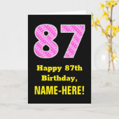 87誕生日:ピンクストライプ色のハートと"87" +名前 カード (黄色い花)
