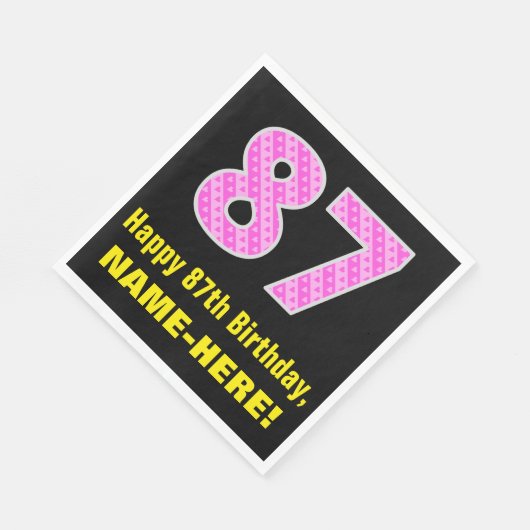 87誕生日:ピンクストライプ色のハートと"87" +名前 スタンダードランチョンナプキン (角)