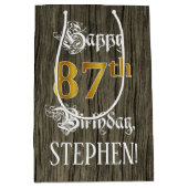 87誕生日:フェイク金ゴールドルック&ウッドフェイクパターン ミディアムペーパーバッグ (正面)