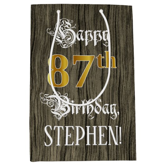 87誕生日:フェイク金ゴールドルック&ウッドフェイクパターン ミディアムペーパーバッグ (正面)